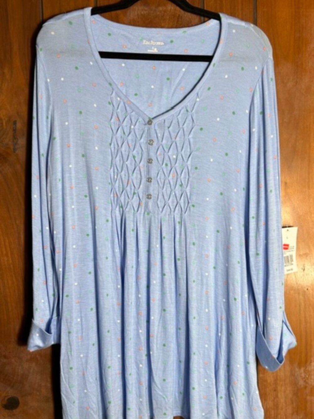 Kim Rogers Henley Blouse Womens Sz L Light Blue Long Cuffed Sleeves Honey Comb